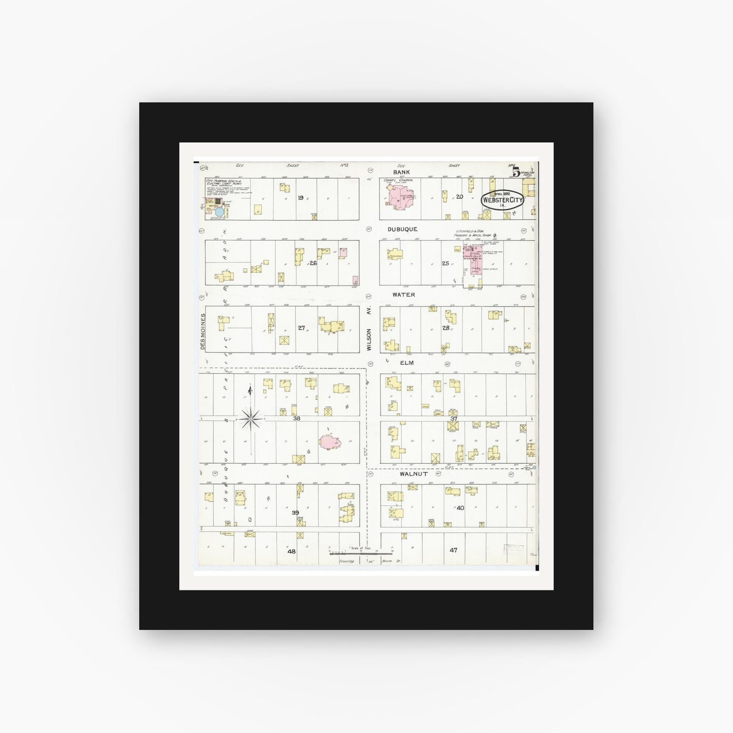 Old map wall art mockup — black gallery frame with white mat — Sanborn Fire Insurance Map from Webster City, Hamilton County, Iowa (1892), Sheet #0005