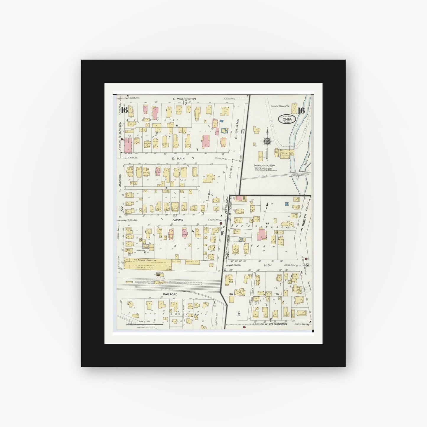 Old map wall art mockup — black gallery frame with white mat — Sanborn Fire Insurance Map from Ionia, Ionia County, Michigan (1924), Sheet #0016