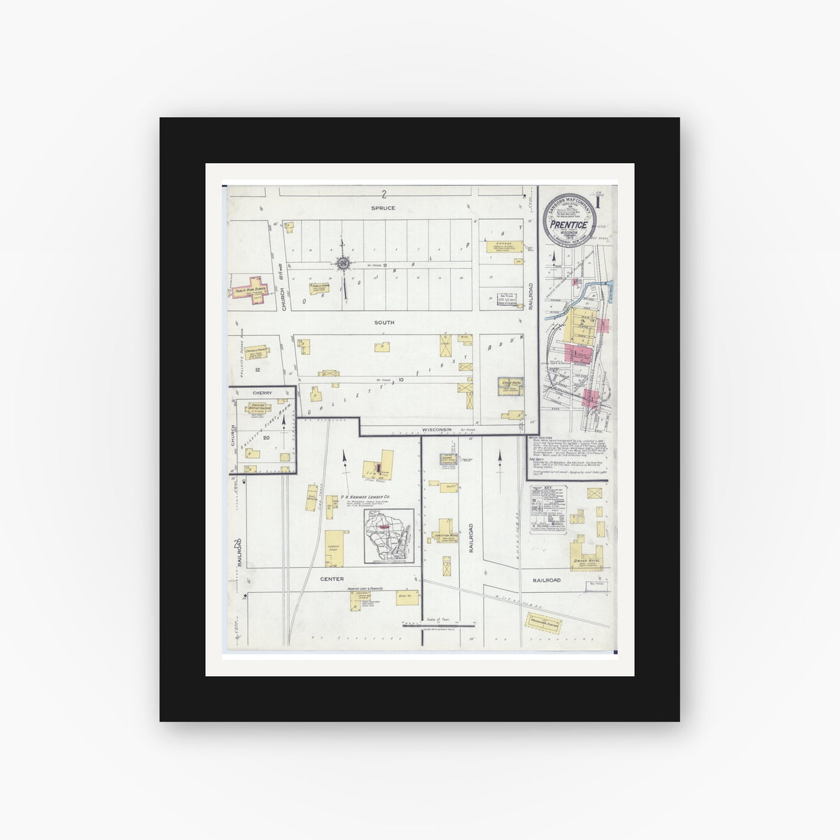 Old map wall art mockup — black gallery frame with white mat — Sanborn Fire Insurance Map from Prentice, Price County, Wisconsin (1919), Sheet #0001