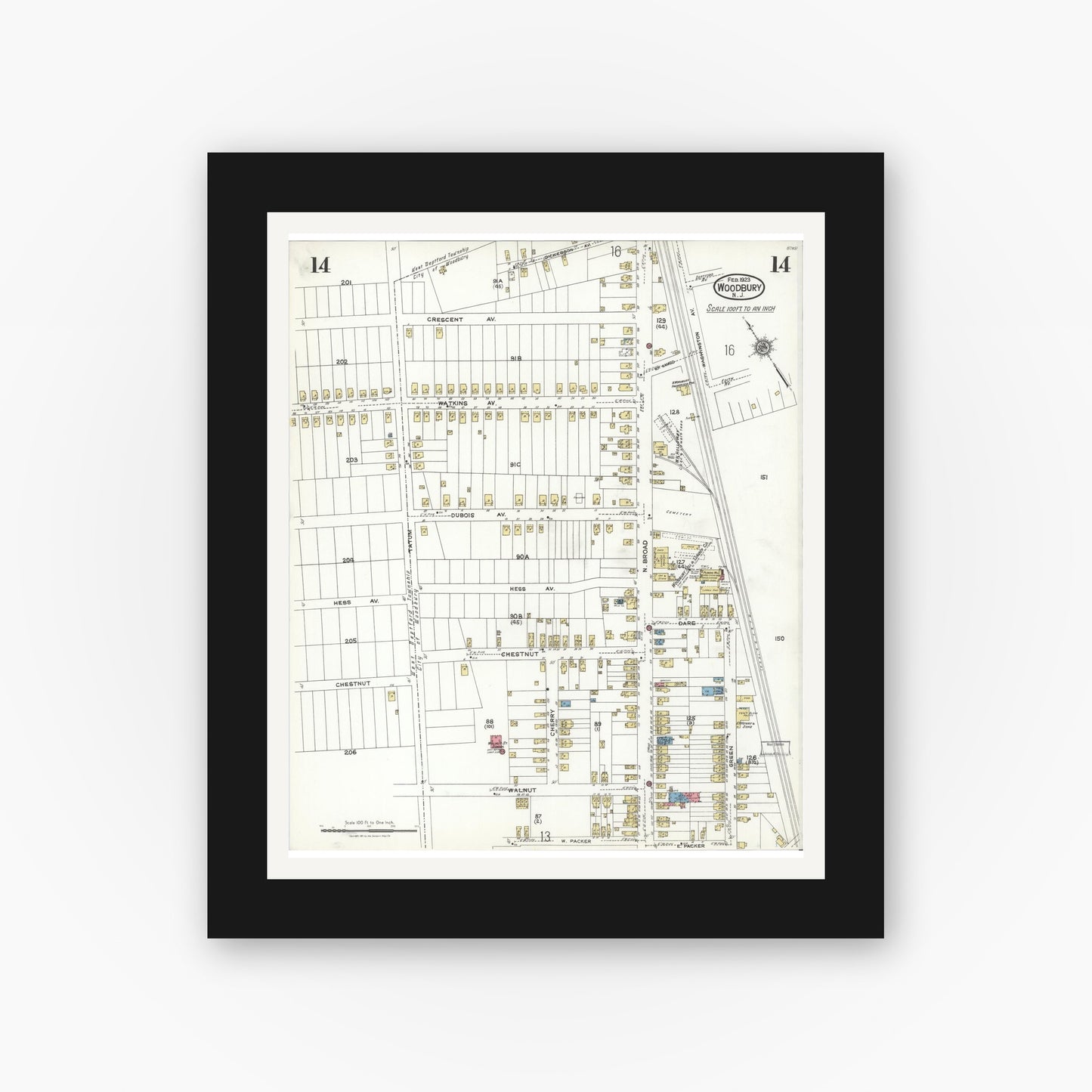 Old map wall art mockup — black gallery frame with white mat — Sanborn Fire Insurance Map from Woodbury, Gloucester County, New Jersey (1923), Sheet #0014