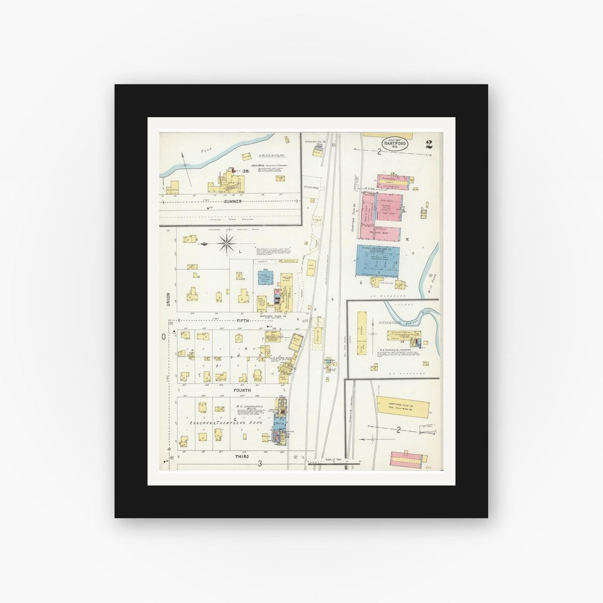 Old map wall art mockup — black gallery frame with white mat — Sanborn Fire Insurance Map from Hartford, Washington County, Wisconsin (1907), Sheet #0002