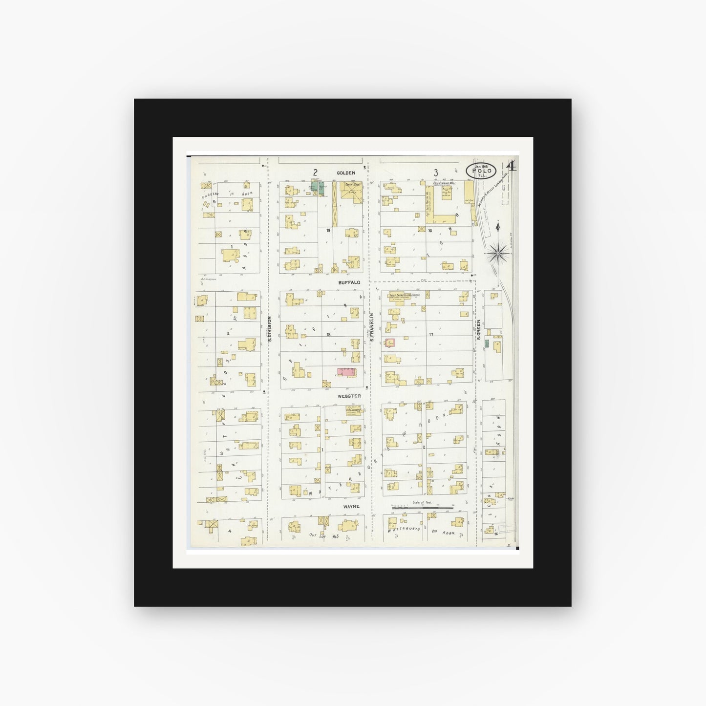 Old map wall art mockup — black gallery frame with white mat — Sanborn Fire Insurance Map from Polo, Ogle County, Illinois (1905), Sheet #0004