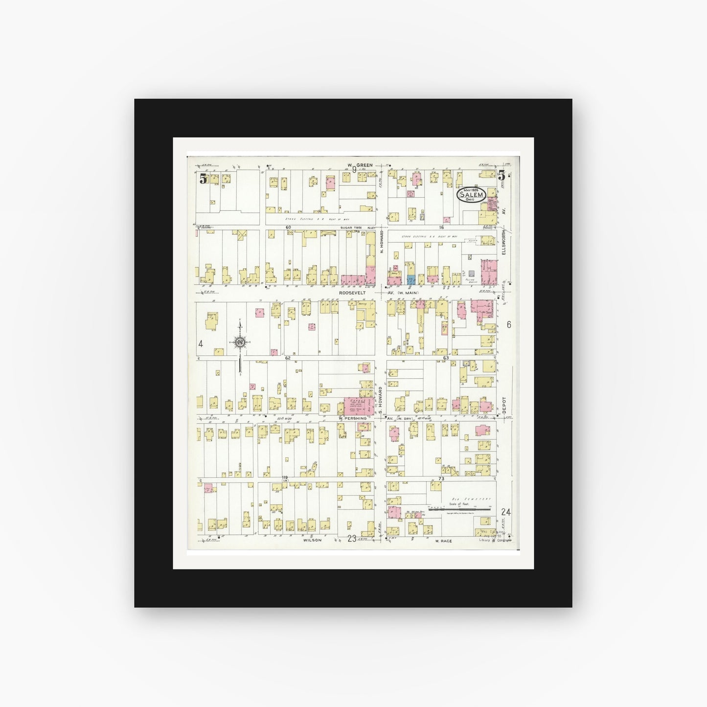 Old map wall art mockup — black gallery frame with white mat — Sanborn Fire Insurance Map from Salem, Columbiana County, Ohio (1926), Sheet #0005