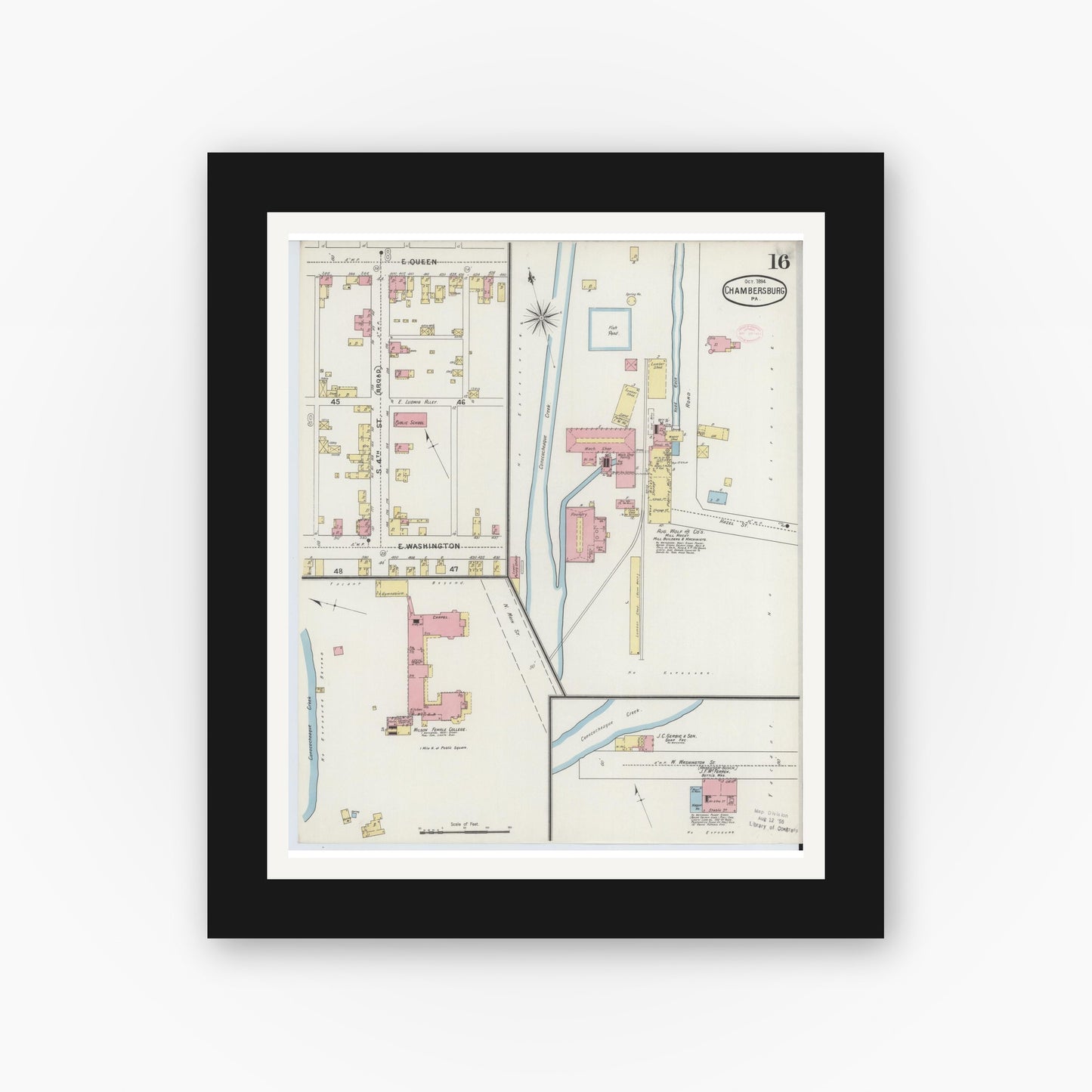 Old map wall art mockup — black gallery frame with white mat — Sanborn Fire Insurance Map from Chambersburg, Franklin County, Pennsylvania (1894), Sheet #0016