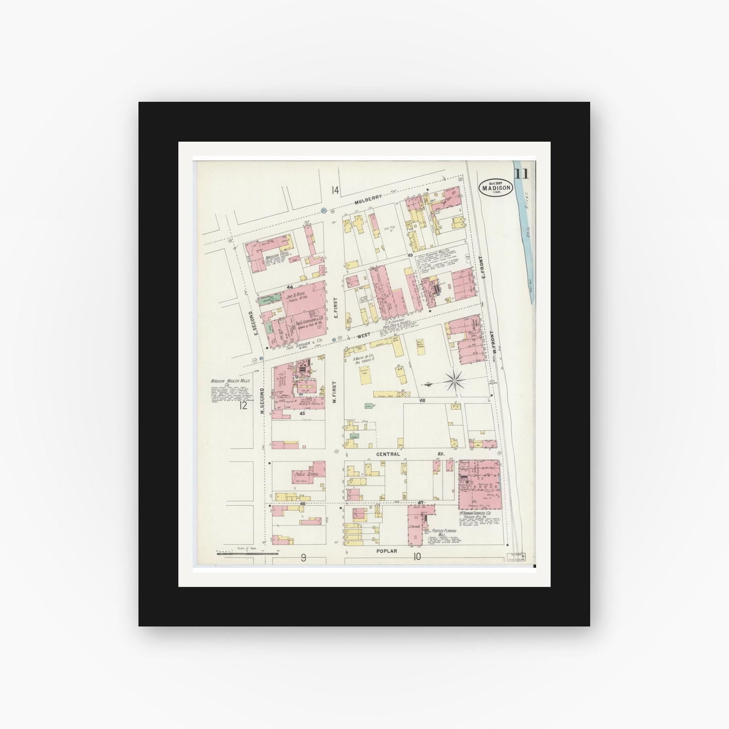 Old map wall art mockup — black gallery frame with white mat — Sanborn Fire Insurance Map from Madison, Jefferson County, Indiana (1897), Sheet #0011