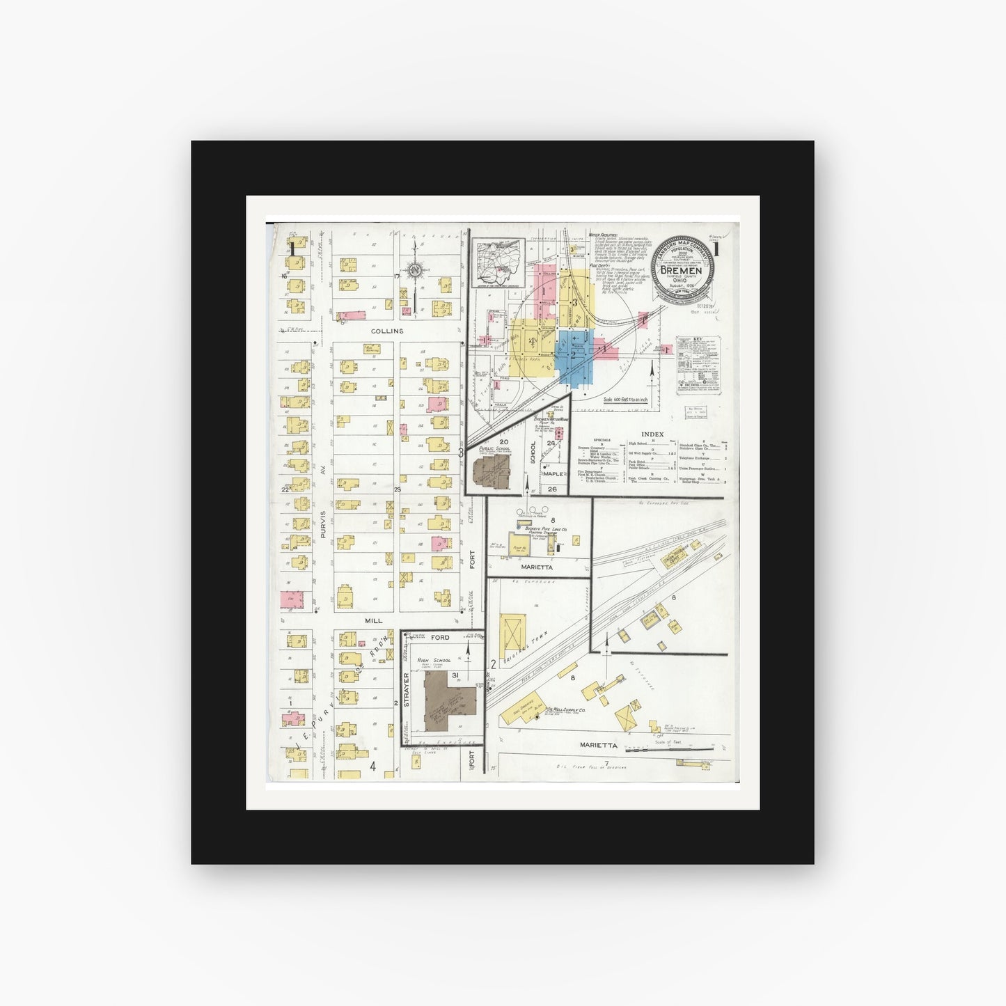 Old map wall art mockup — black gallery frame with white mat — Sanborn Fire Insurance Map from Bremen, Fairfield County, Ohio (1926), Sheet #0001