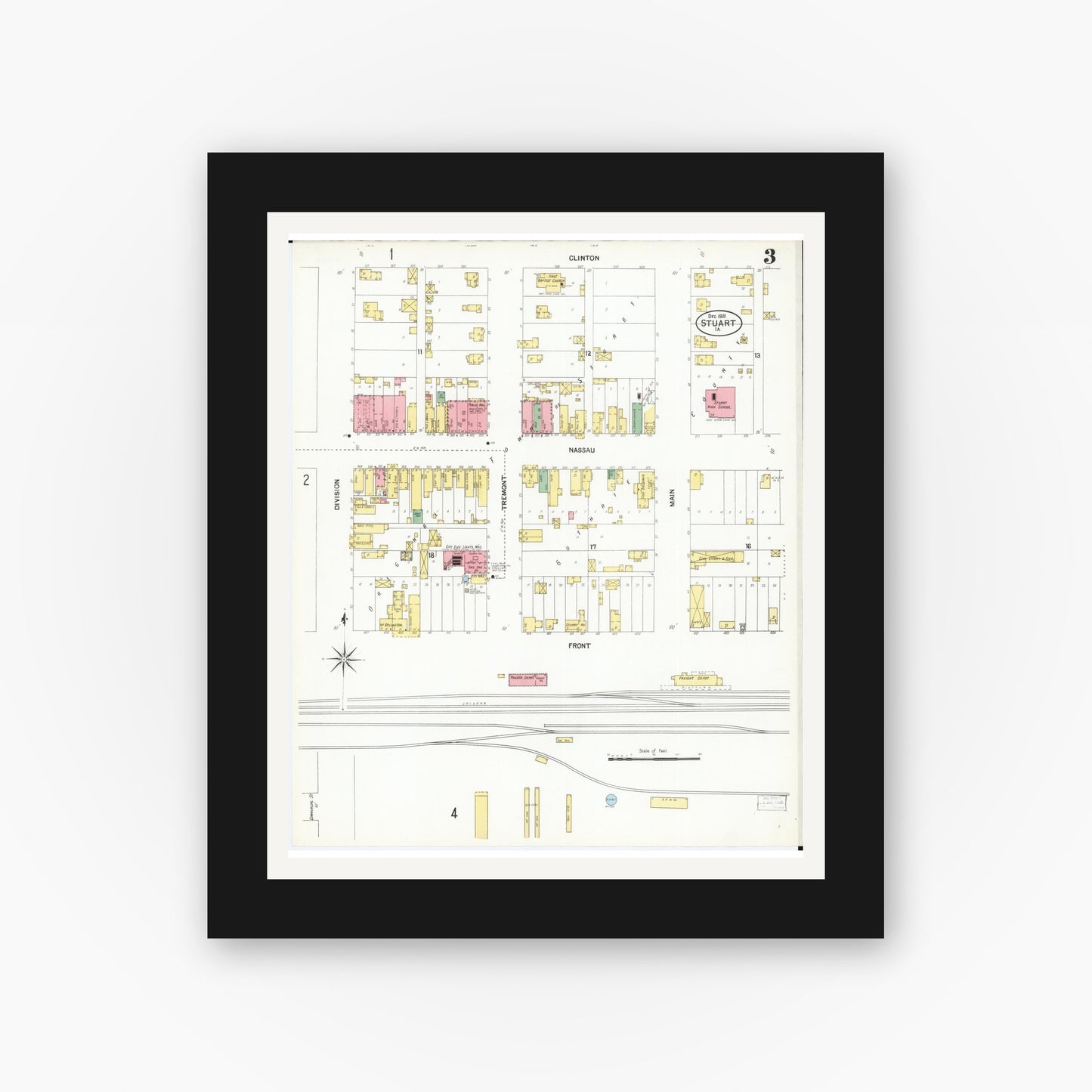 Old map wall art mockup — black gallery frame with white mat — Sanborn Fire Insurance Map from Stuart, Guthrie and Adair Counties, Iowa (1901), Sheet #0003