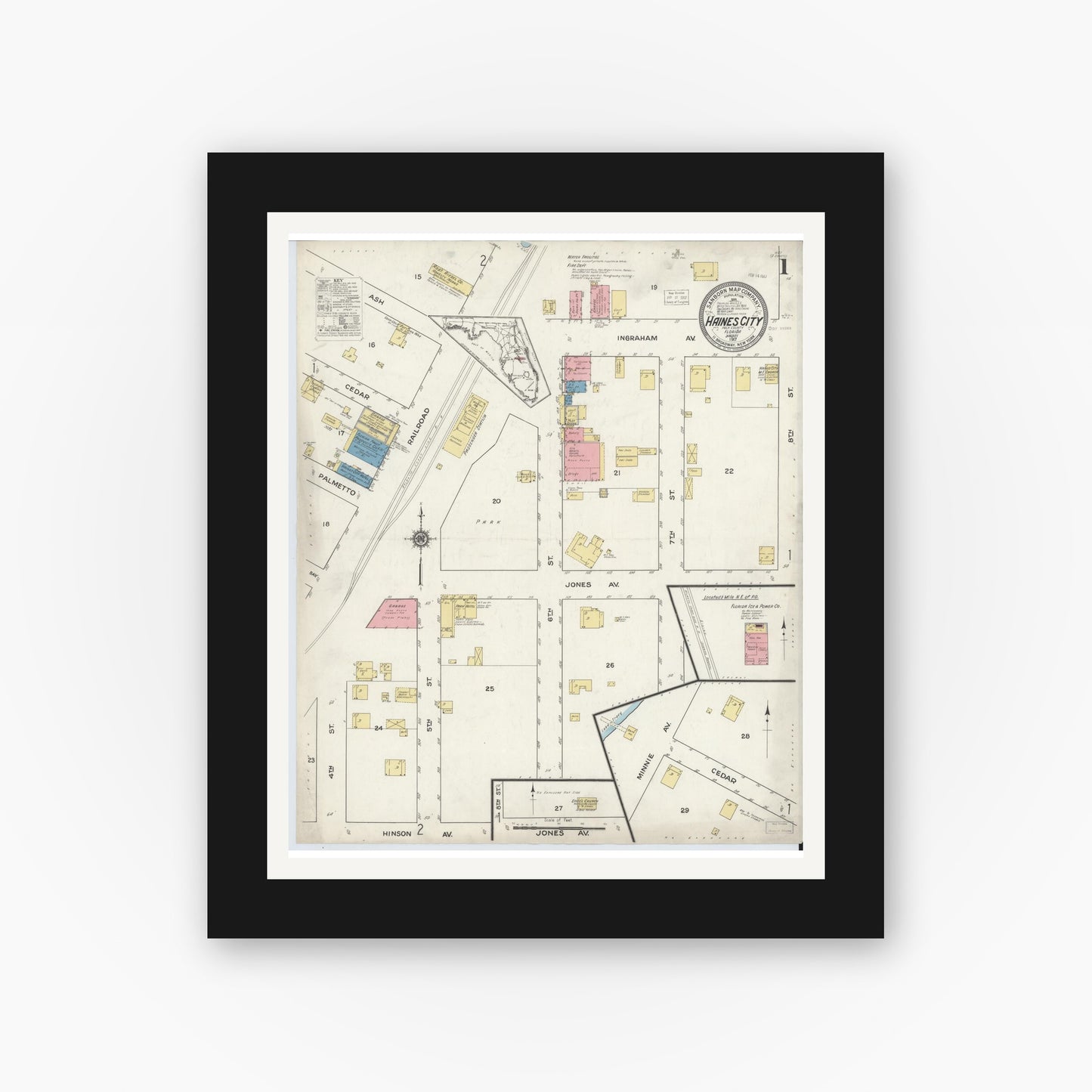 Old map wall art mockup — black gallery frame with white mat — Sanborn Fire Insurance Map from Haines City, Polk County, Florida (1917) - Complete Map Set