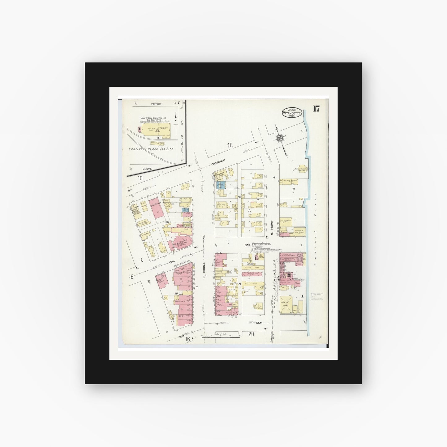 Old map wall art mockup — black gallery frame with white mat — Sanborn Fire Insurance Map from Wyandotte, Wayne County, Michigan (1912), Sheet #0017