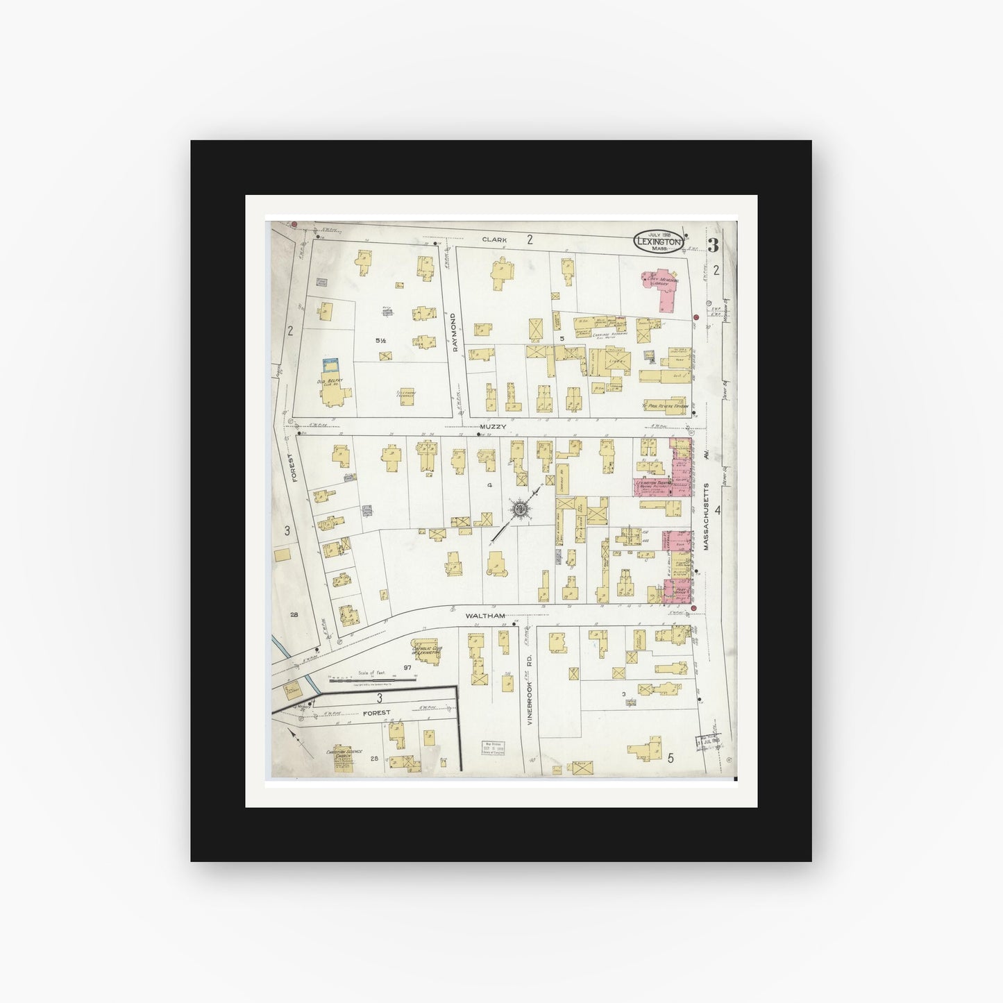 Old map wall art mockup — black gallery frame with white mat — Sanborn Fire Insurance Map from Lexington, Middlesex County, Massachusetts (1918), Sheet #0003