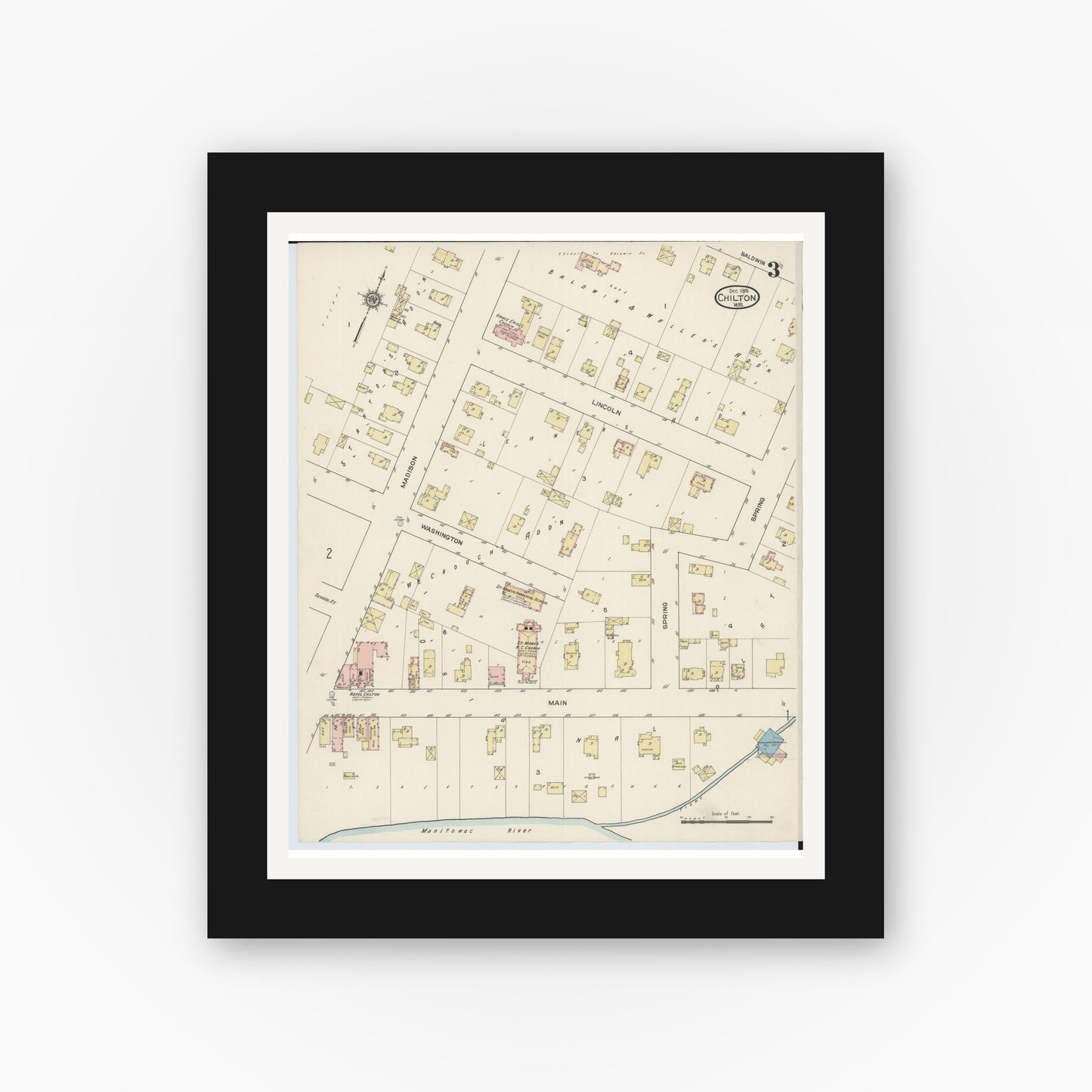 Old map wall art mockup — black gallery frame with white mat — Sanborn Fire Insurance Map from Chilton, Calumet County, Wisconsin (1914), Sheet #0003