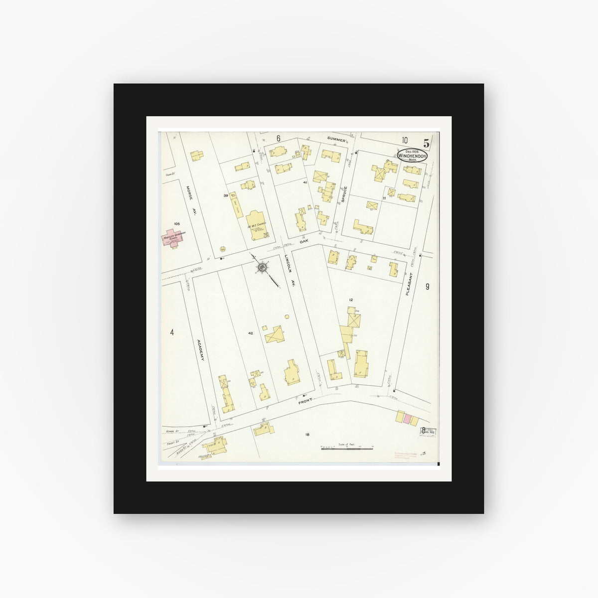 Old map wall art mockup — black gallery frame with white mat — Sanborn Fire Insurance Map from Winchendon, Worcester County, Massachusetts (1909), Sheet #0005