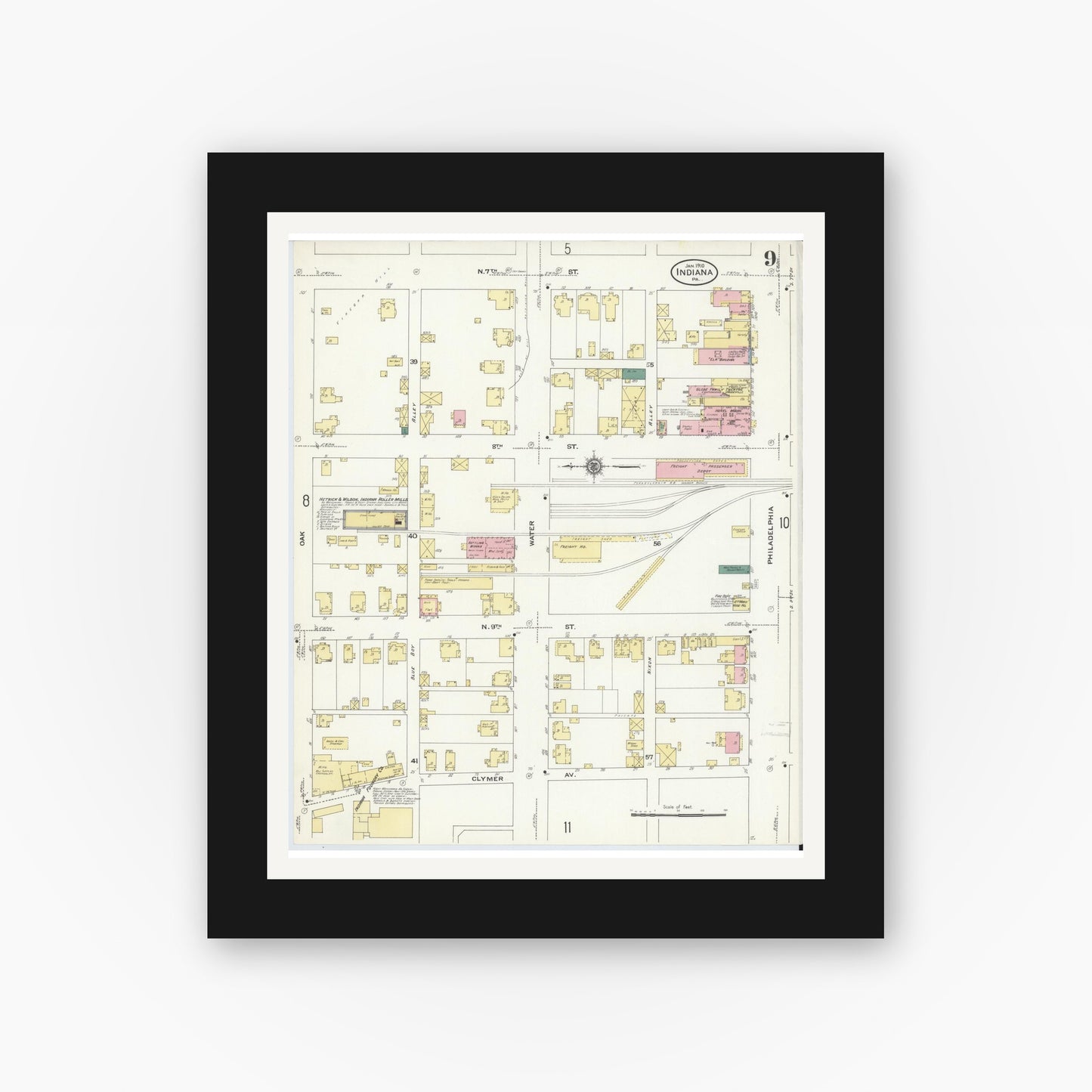 Old map wall art mockup — black gallery frame with white mat — Sanborn Fire Insurance Map from Indiana, Indiana County, Pennsylvania (1910), Sheet #0009
