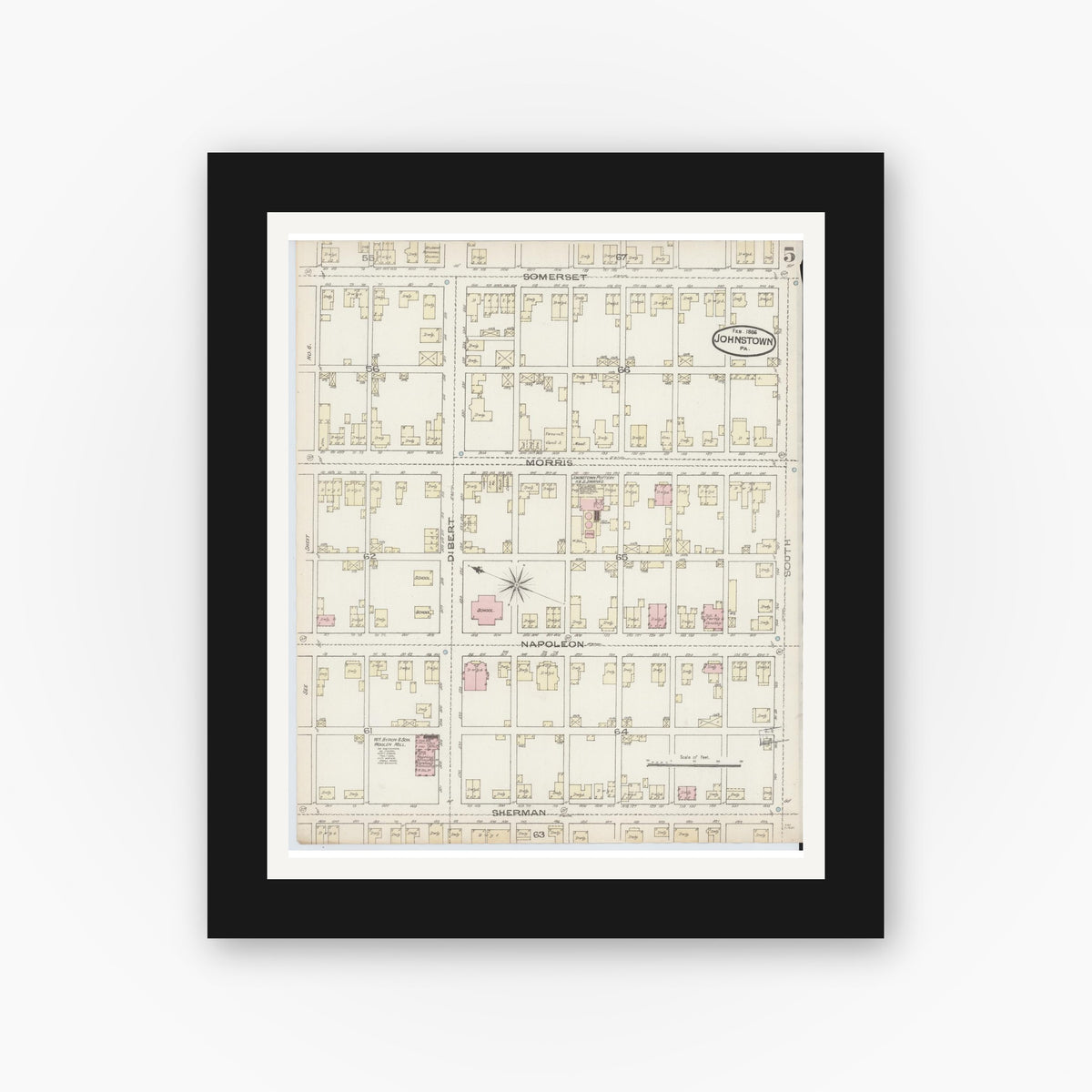 Old map wall art mockup — black gallery frame with white mat — Sanborn Fire Insurance Map from Johnstown, Cambria County, Pennsylvania (1886), Sheet #0005
