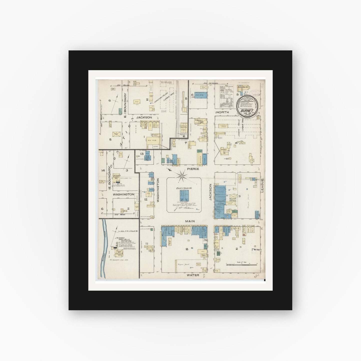 Old map wall art mockup — black gallery frame with white mat — Sanborn Fire Insurance Map from Burnet, Burnet County, Texas (1885), Sheet #0001