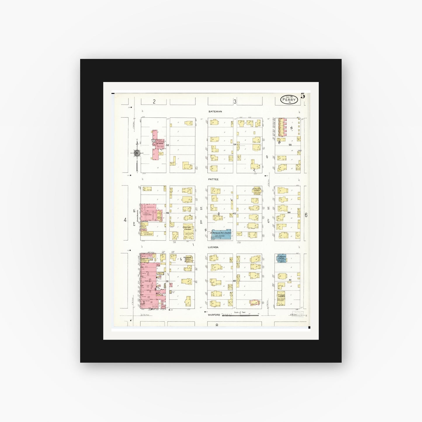 Old map wall art mockup — black gallery frame with white mat — Sanborn Fire Insurance Map from Perry, Dallas County, Iowa (1911), Sheet #0005