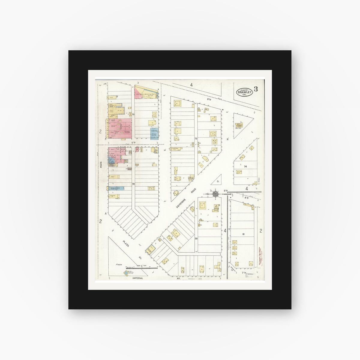 Old map wall art mockup — black gallery frame with white mat — Sanborn Fire Insurance Map from Brawley, Imperial County, California (1911), Sheet #0003