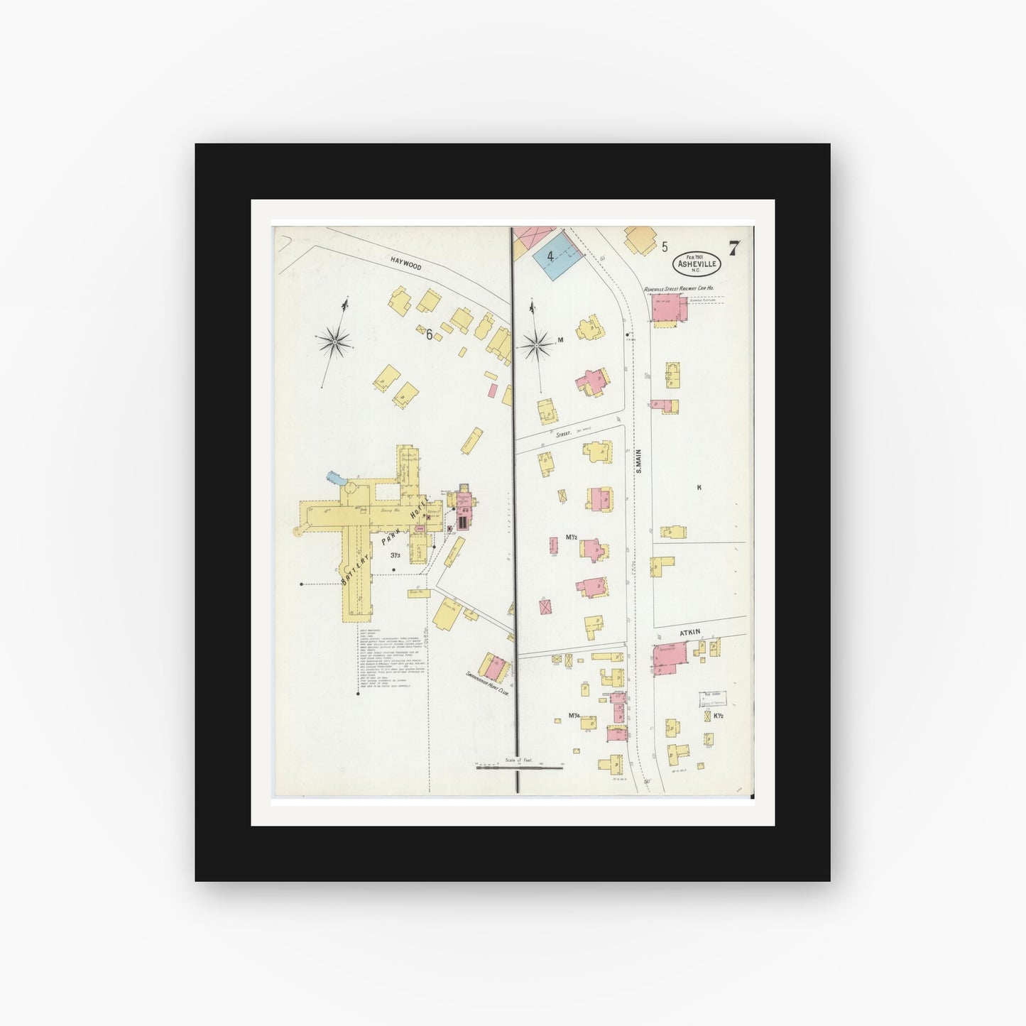 Old map wall art mockup — black gallery frame with white mat — Sanborn Fire Insurance Map from Asheville, Buncombe County, North Carolina (1901), Sheet #0007