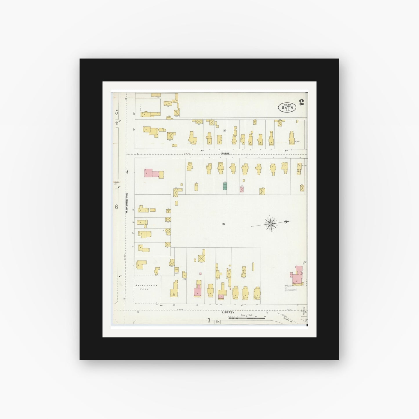 Old map wall art mockup — black gallery frame with white mat — Sanborn Fire Insurance Map from Bath, Steuben County, New York (1904), Sheet #0002