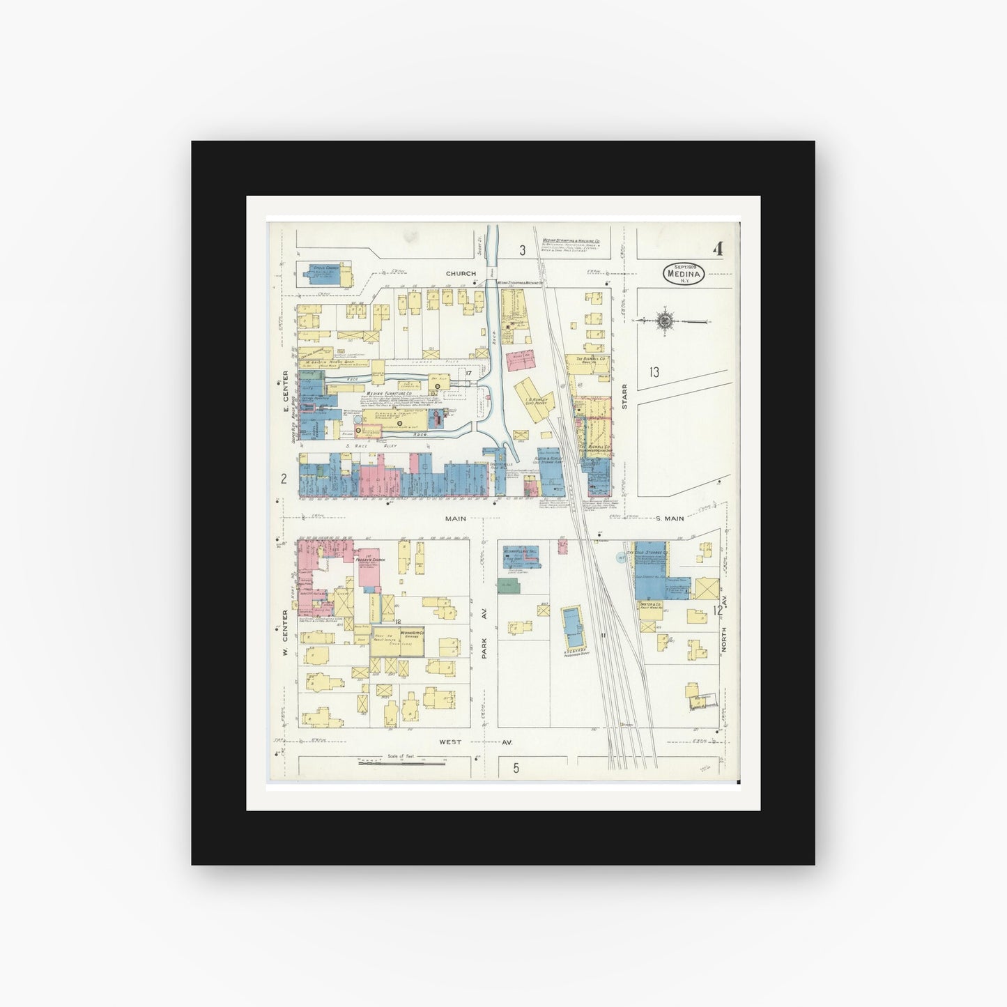 Old map wall art mockup — black gallery frame with white mat — Sanborn Fire Insurance Map from Medina, Orleans County, New York (1909), Sheet #0004
