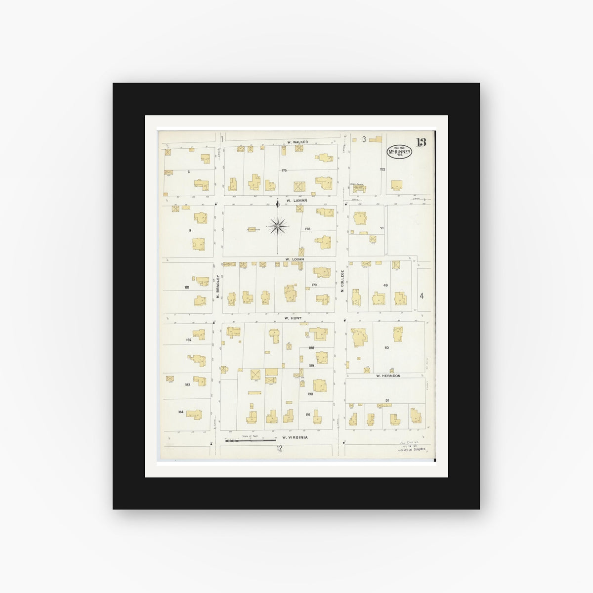 Old map wall art mockup — black gallery frame with white mat — Sanborn Fire Insurance Map from McKinney, Collin County, Texas (1908), Sheet #0013