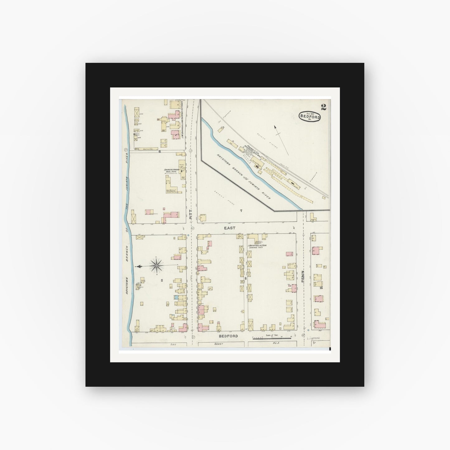 Old map wall art mockup — black gallery frame with white mat — Sanborn Fire Insurance Map from Bedford, Bedford County, Pennsylvania (1891), Sheet #0002