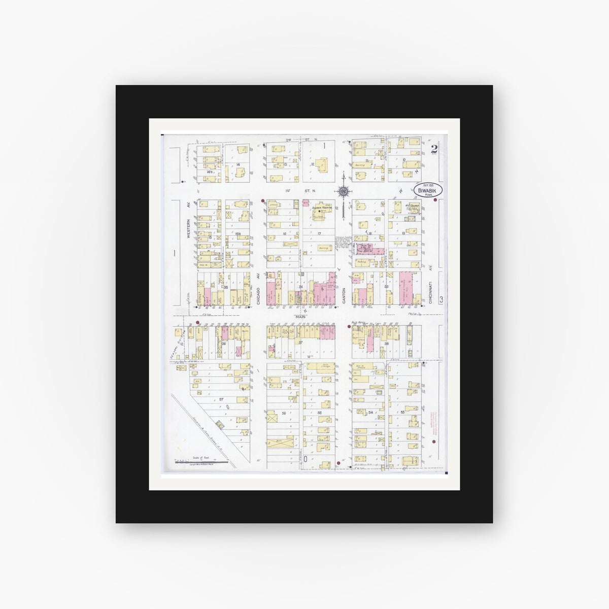 Old map wall art mockup — black gallery frame with white mat — Sanborn Fire Insurance Map from Biwabik, Saint Louis County, Minnesota (1921), Sheet #0002
