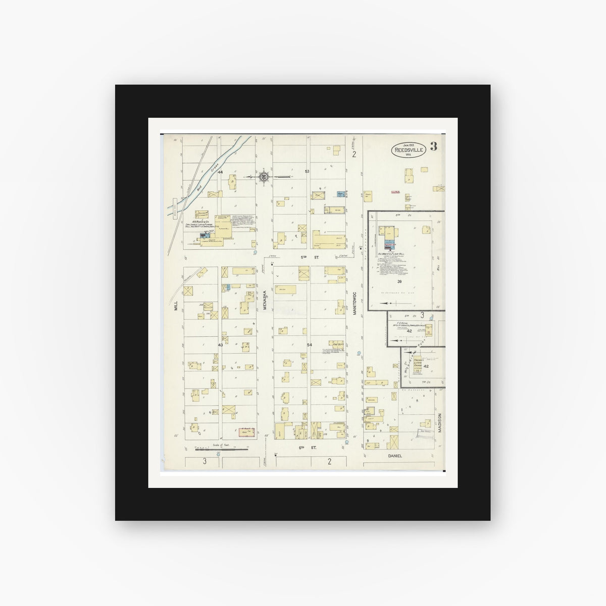 Old map wall art mockup — black gallery frame with white mat — Sanborn Fire Insurance Map from Reedsville, Manitowoc County, Wisconsin (1913), Sheet #0003