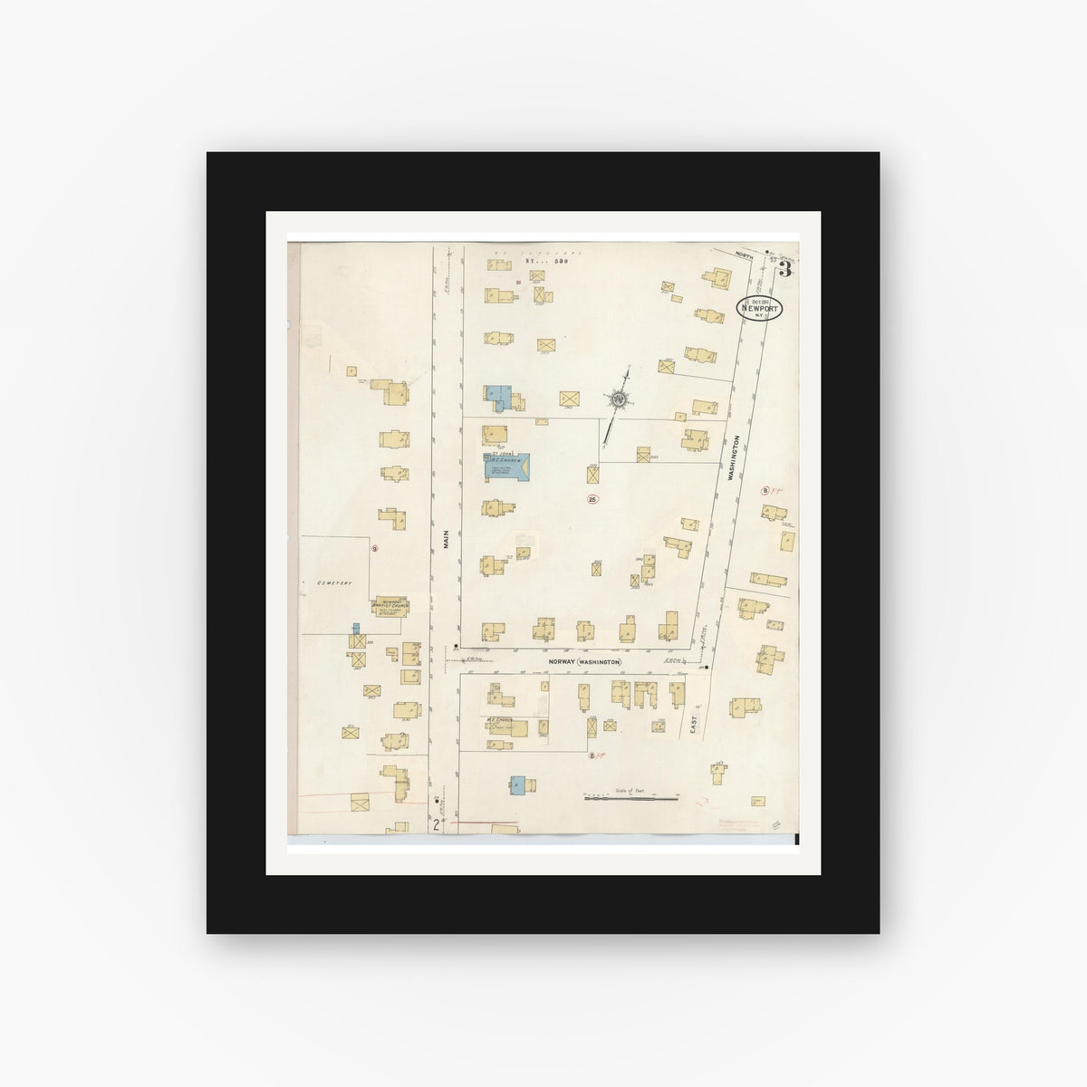 Old map wall art mockup — black gallery frame with white mat — Sanborn Fire Insurance Map from Newport, Herkimer County, New York (1938), Sheet #0003