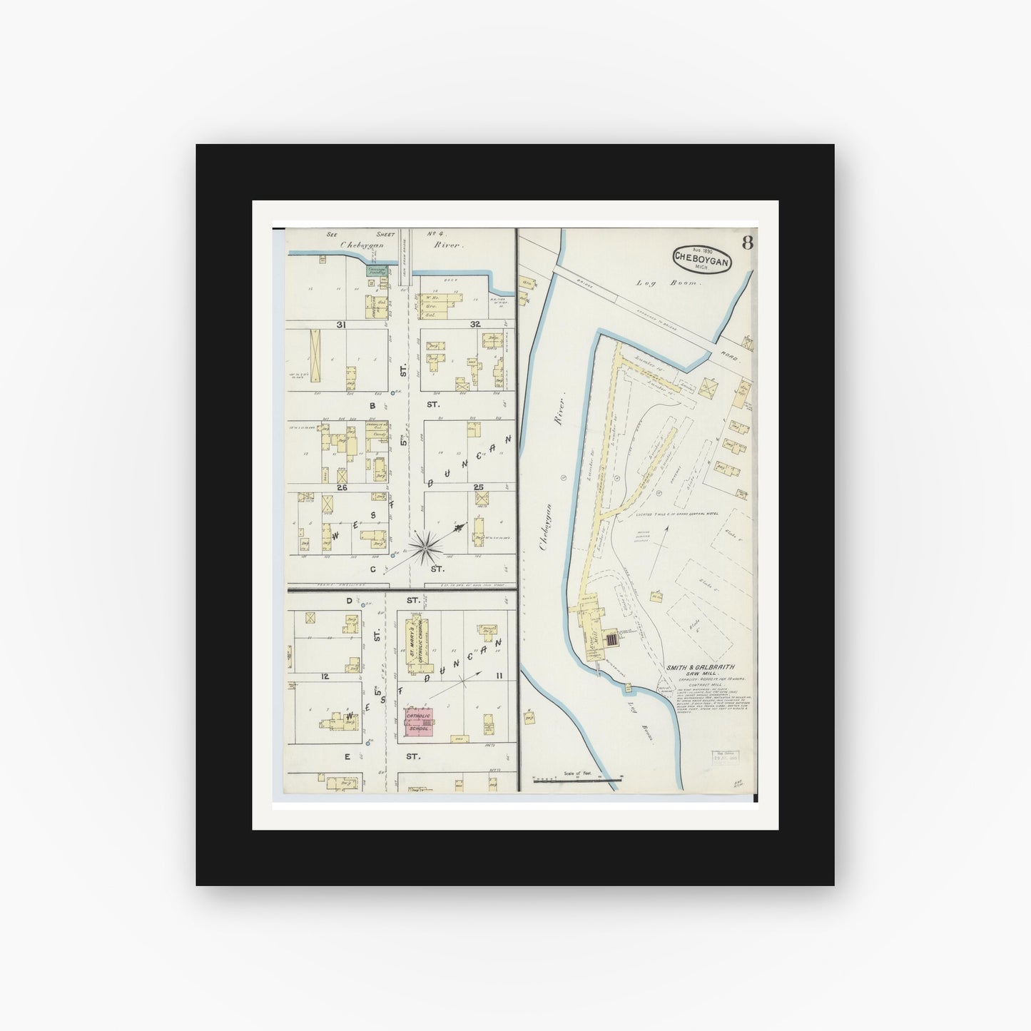 Old map wall art mockup — black gallery frame with white mat — Sanborn Fire Insurance Map from Cheboygan, Cheboygan County, Michigan (1890), Sheet #0008