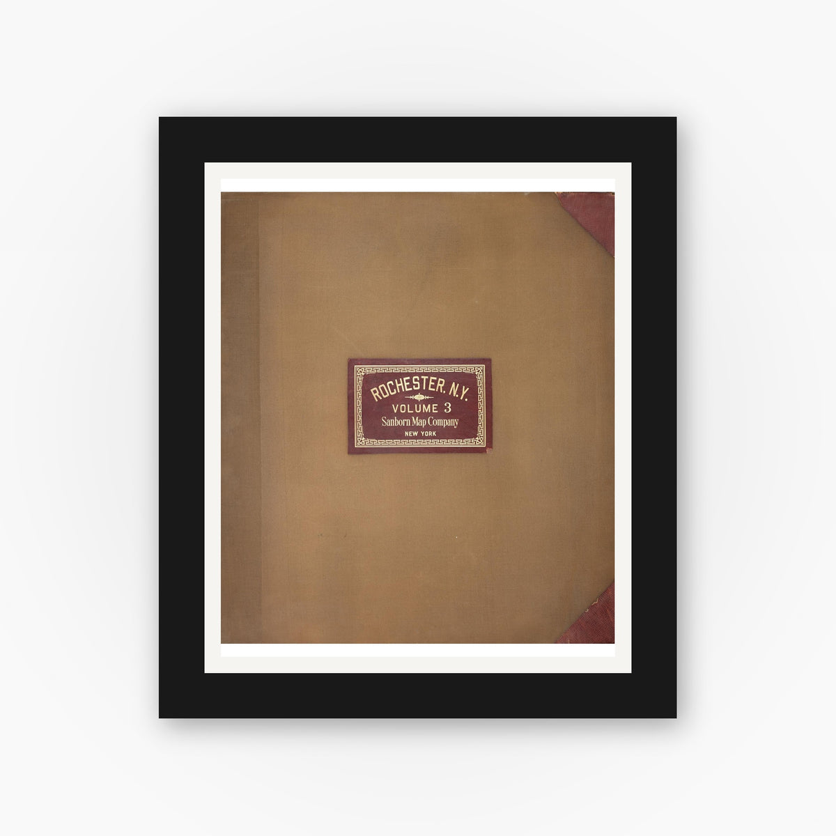 Old map wall art mockup — black gallery frame with white mat — Sanborn Fire Insurance Map from Rochester, Monroe County, New York (1950), Sheet #0001