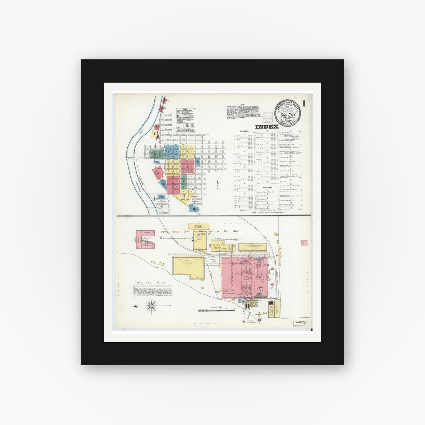 Old map wall art mockup — black gallery frame with white mat — Sanborn Fire Insurance Map from Gas City, Grant County, Indiana (1904) - Complete Map Set