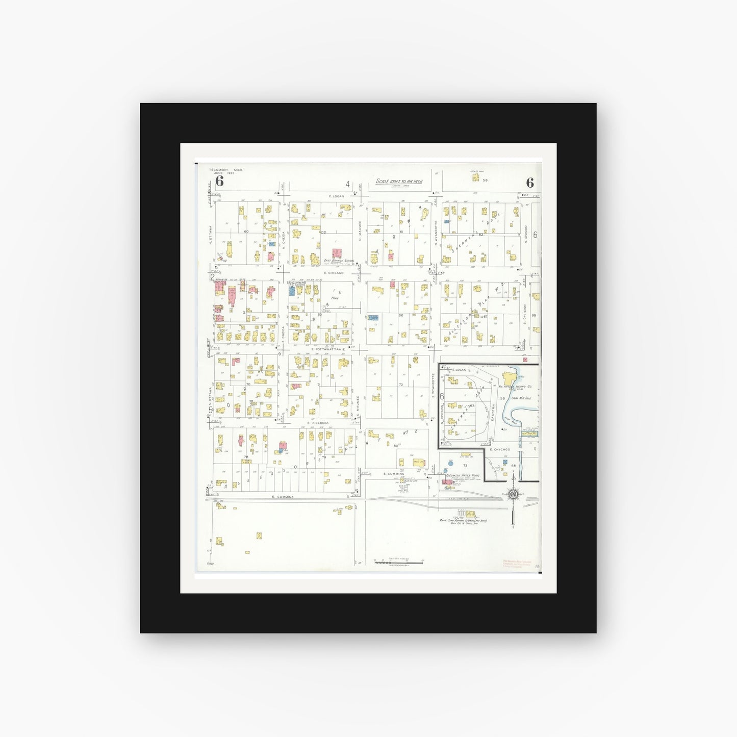 Old map wall art mockup — black gallery frame with white mat — Sanborn Fire Insurance Map from Tecumseh, Lenawee County, Michigan (1935), Sheet #0006