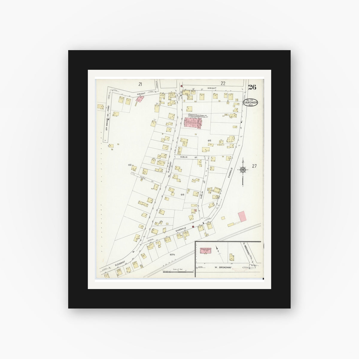 Old map wall art mockup — black gallery frame with white mat — Sanborn Fire Insurance Map from Gardner, Worcester County, Massachusetts (1914), Sheet #0026
