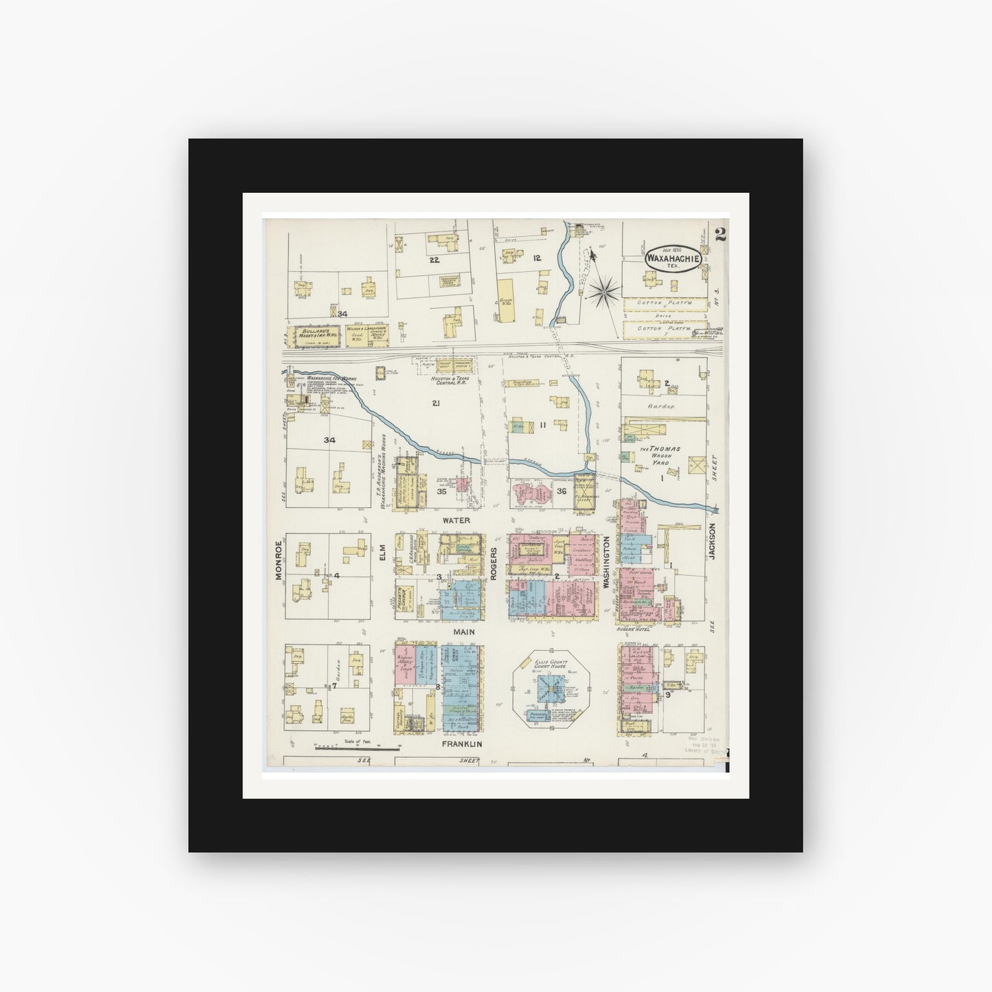 Old map wall art mockup — black gallery frame with white mat — Sanborn Fire Insurance Map from Waxahachie, Ellis County, Texas (1890), Sheet #0002