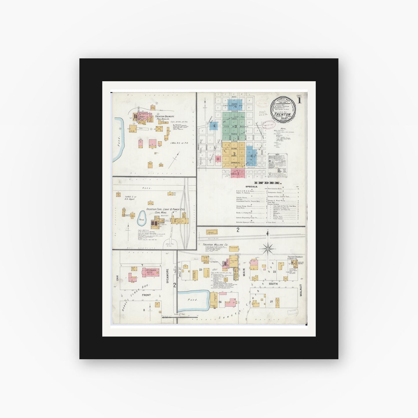 Old map wall art mockup — black gallery frame with white mat — Sanborn Fire Insurance Map from Trenton, Clinton County, Illinois (1899) - Complete Map Set
