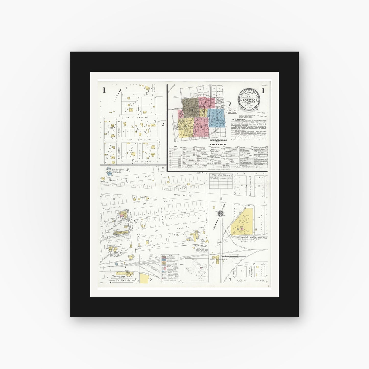 Old map wall art mockup — black gallery frame with white mat — Sanborn Fire Insurance Map from McGregor, McLennan County, Texas (1932), Sheet #0001