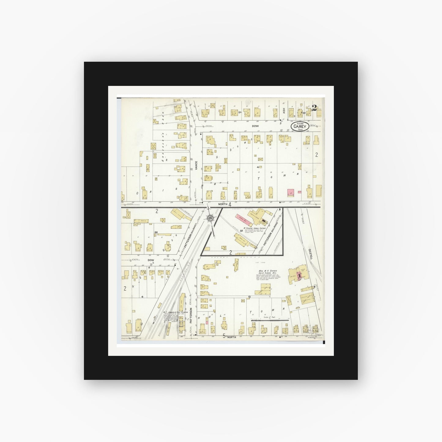 Old map wall art mockup — black gallery frame with white mat — Sanborn Fire Insurance Map from Carey, Wyandot County, Ohio (1916), Sheet #0002