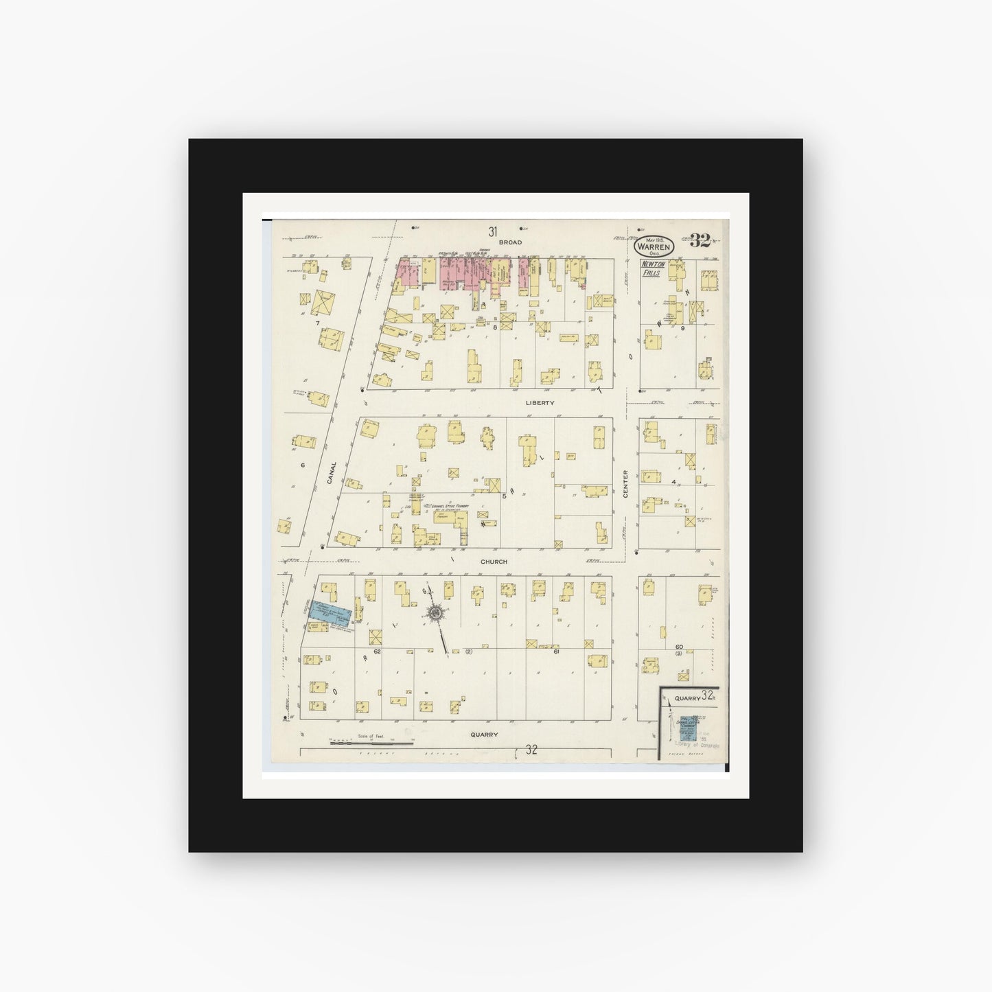 Old map wall art mockup — black gallery frame with white mat — Sanborn Fire Insurance Map from Warren, Trumbull County, Ohio (1915), Sheet #0032