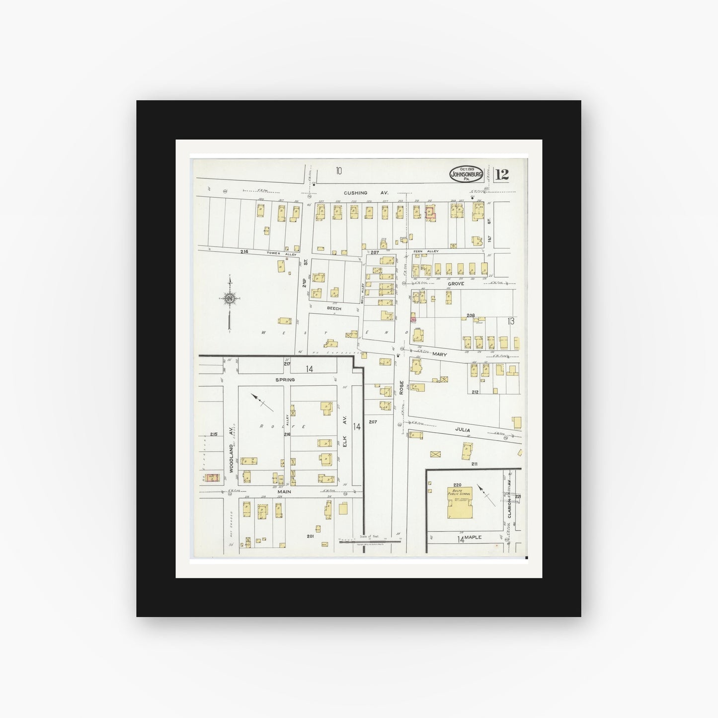 Old map wall art mockup — black gallery frame with white mat — Sanborn Fire Insurance Map from Johnsonburg, Elk County, Pennsylvania (1919), Sheet #0012