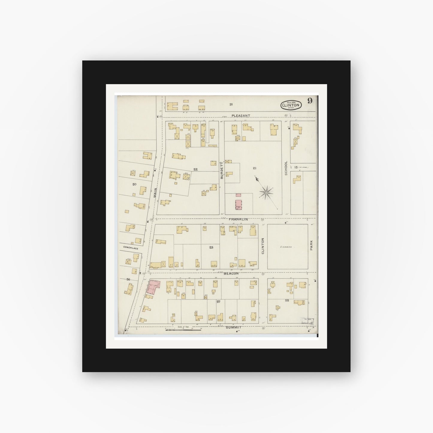 Old map wall art mockup — black gallery frame with white mat — Sanborn Fire Insurance Map from Clinton, Worcester County, Massachusetts (1894), Sheet #0009
