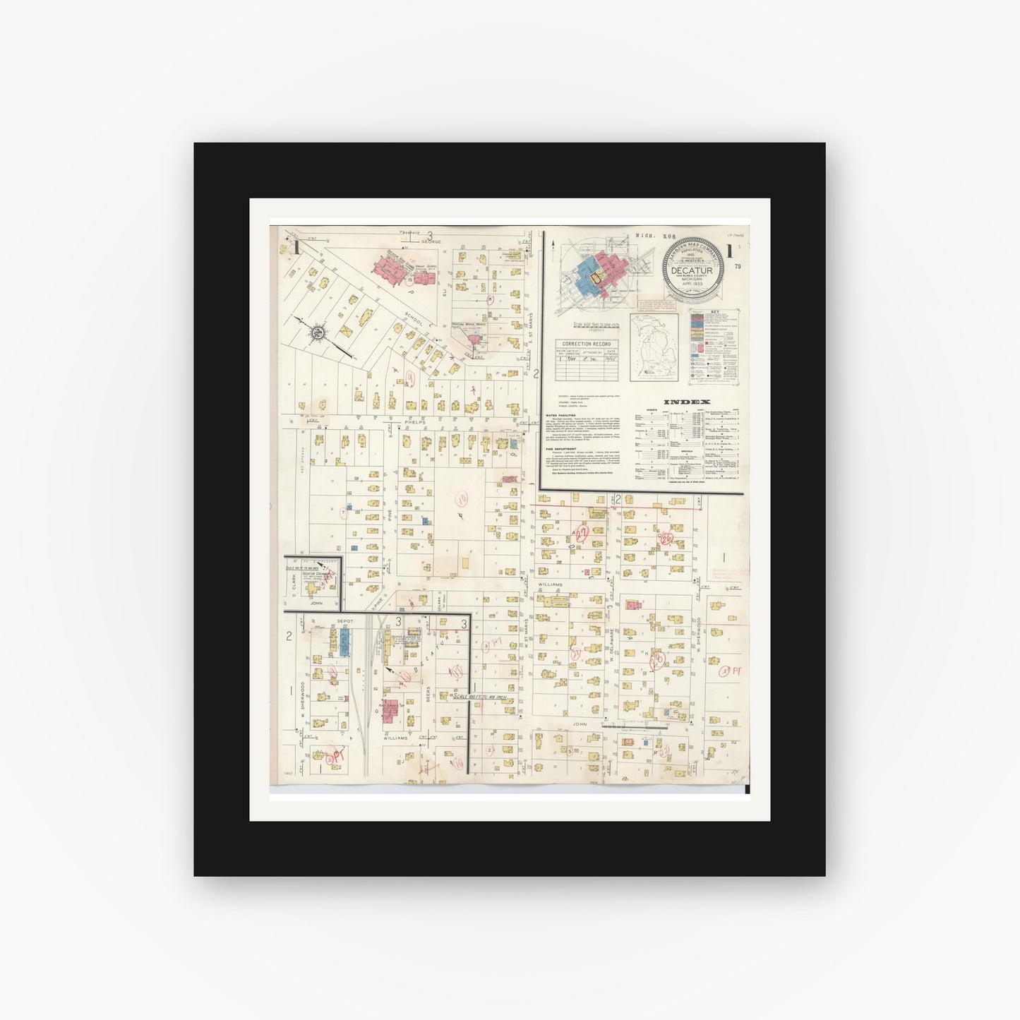 Old map wall art mockup β black gallery frame with white mat β Sanborn Fire Insurance Map from Decatur, Van Buren County, Michigan (1944) - Complete Map Set