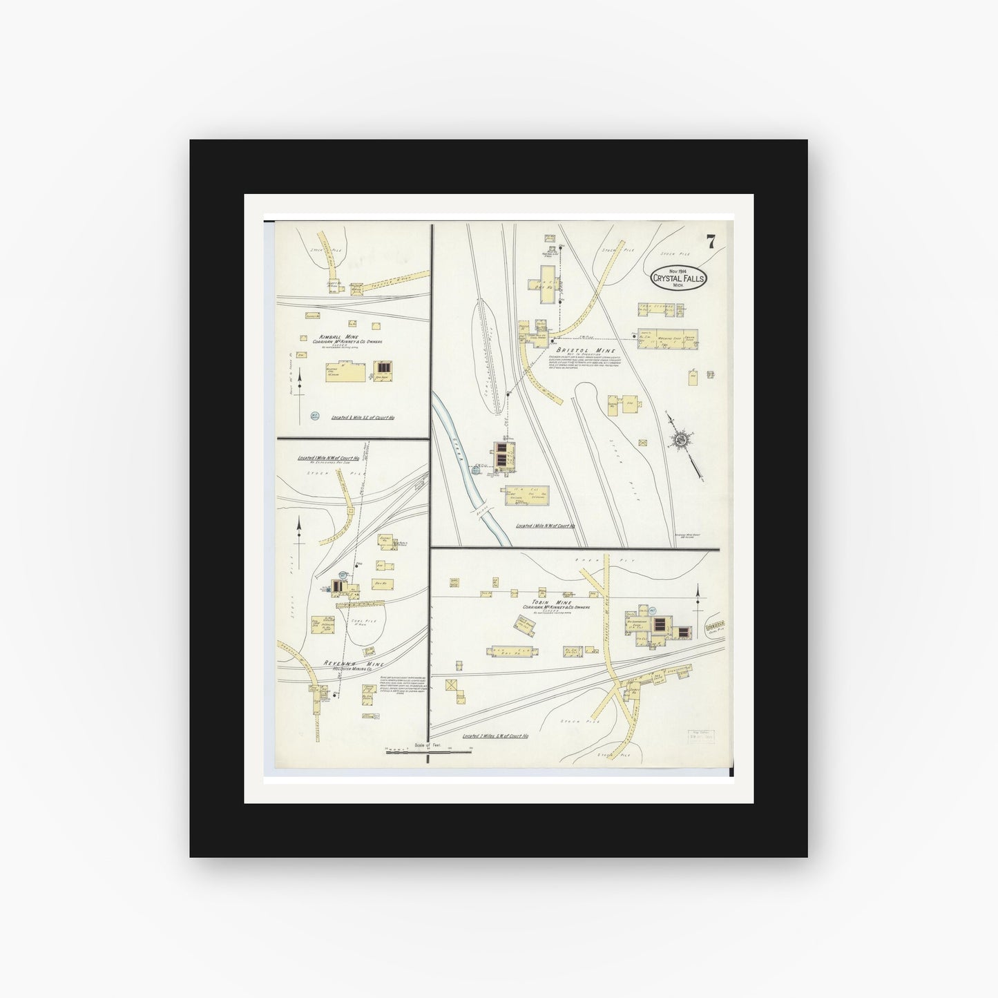 Old map wall art mockup — black gallery frame with white mat — Sanborn Fire Insurance Map from Crystal Falls, Iron County, Michigan (1914), Sheet #0007
