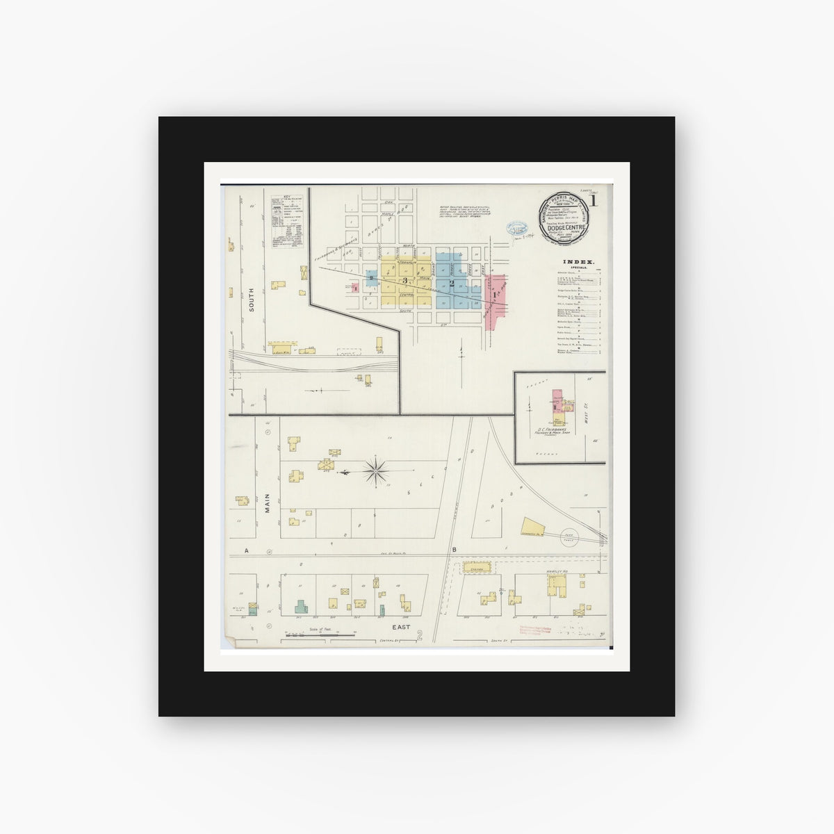Old map wall art mockup — black gallery frame with white mat — Sanborn Fire Insurance Map from Dodge Center, Dodge County, Minnesota (1894) - Complete Map Set