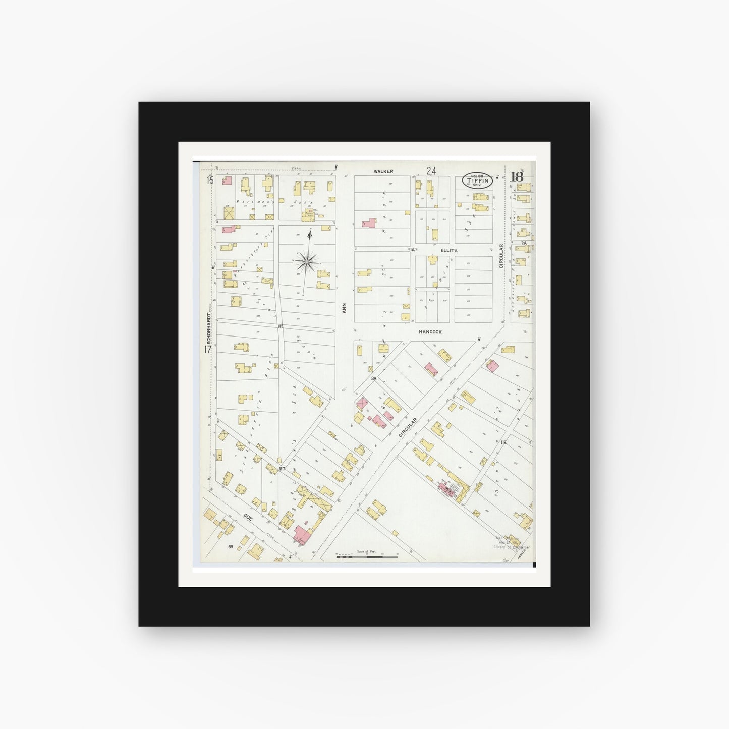Old map wall art mockup — black gallery frame with white mat — Sanborn Fire Insurance Map from Tiffin, Seneca County, Ohio (1901), Sheet #0018