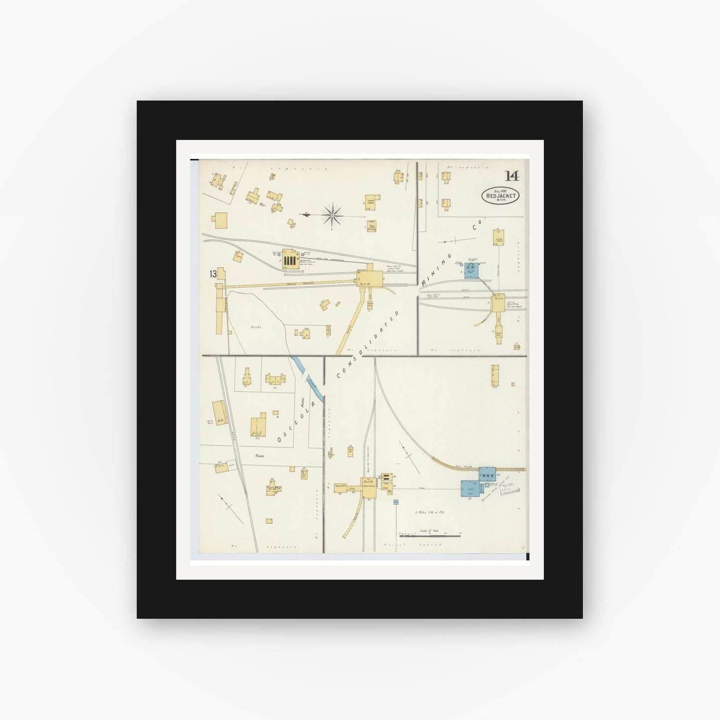 Old map wall art mockup — black gallery frame with white mat — Sanborn Fire Insurance Map from Red Jacket, Houghton County, Michigan (1897), Sheet #0014