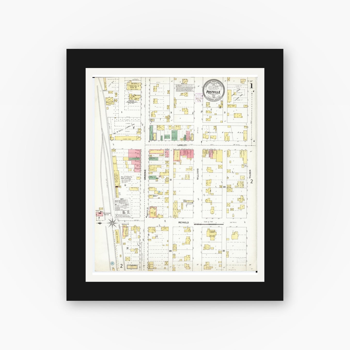Old map wall art mockup — black gallery frame with white mat — Sanborn Fire Insurance Map from Postville, Allamakee County, Iowa (1902) — Complete Set