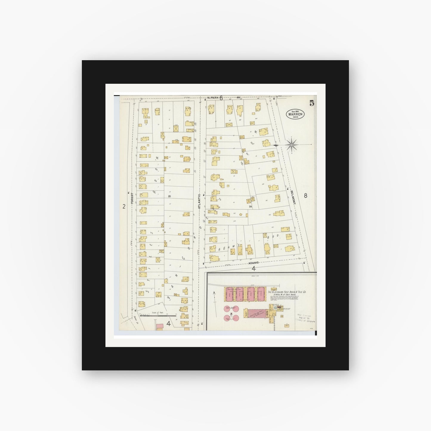 Old map wall art mockup — black gallery frame with white mat — Sanborn Fire Insurance Map from Warren, Trumbull County, Ohio (1902), Sheet #0005