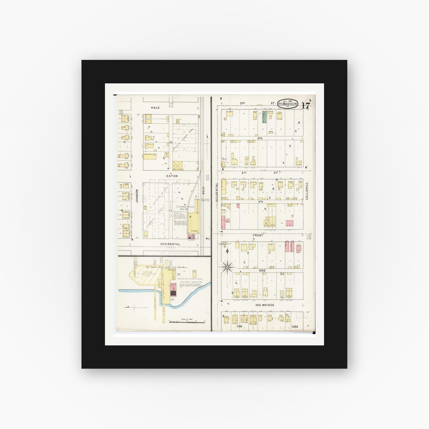 Old map wall art mockup — black gallery frame with white mat — Sanborn Fire Insurance Map from Fort Madison, Lee County, Iowa (1894), Sheet #0017