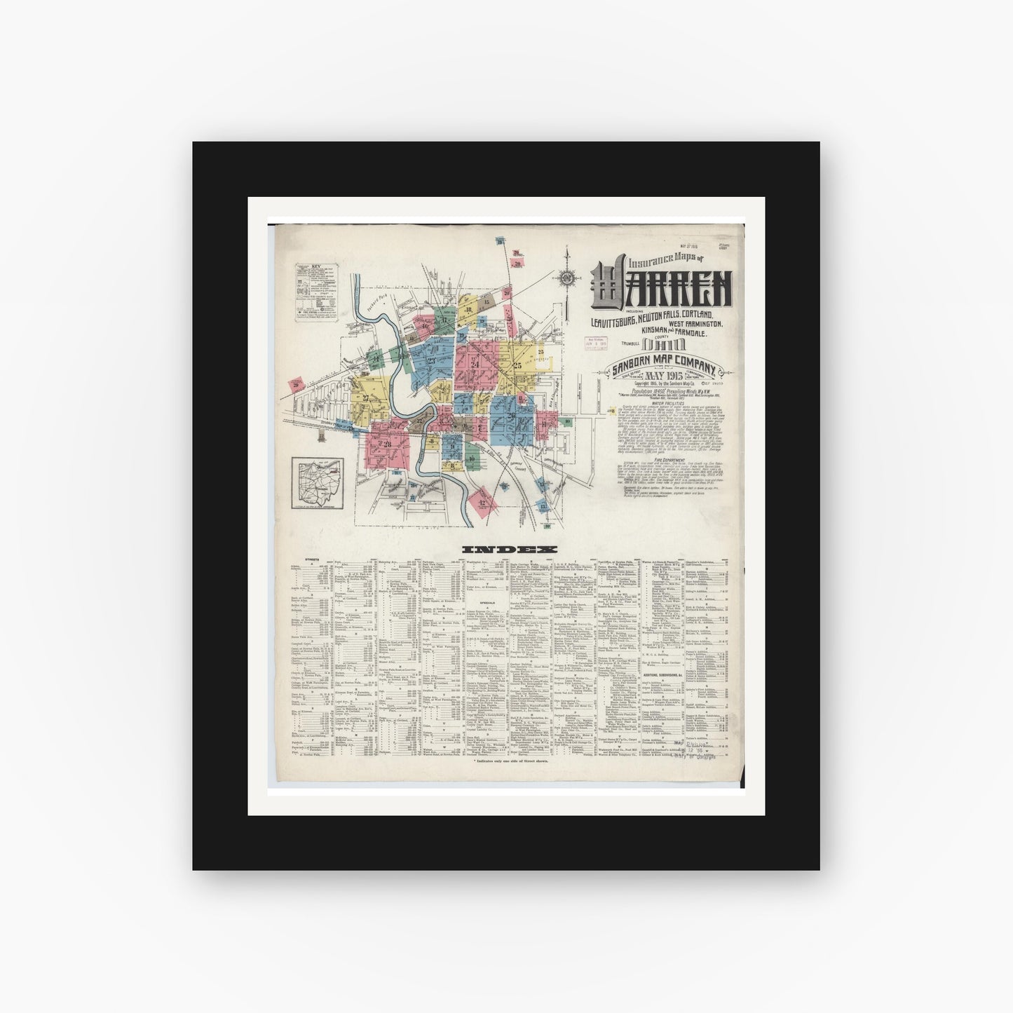 Old map wall art mockup — black gallery frame with white mat — Sanborn Fire Insurance Map from Warren, Trumbull County, Ohio (1915) - Complete Map Set